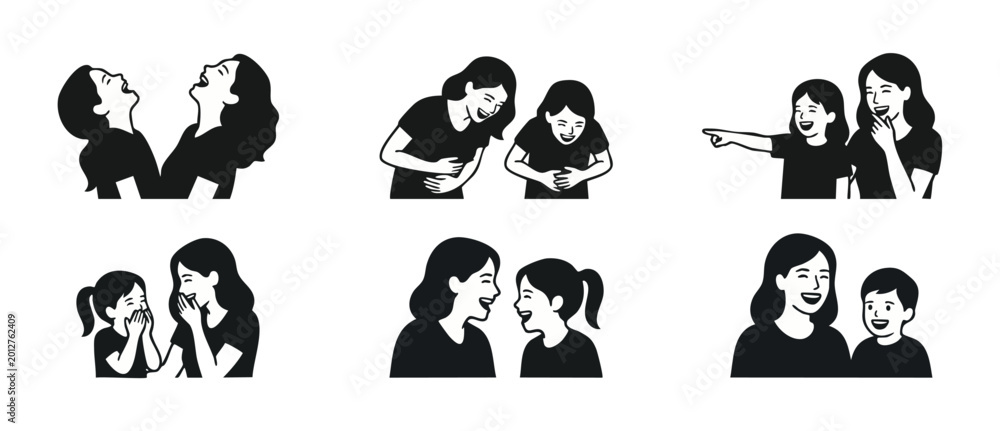 Fototapeta premium Mother and child laughing set, happy family moments vector illustration, silhouettes of parent and kids expressions, joyful bonding, cheerful people talking and giggling collection for graphic design
