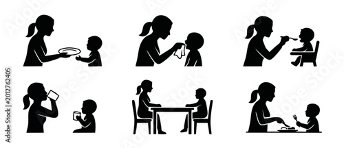 Tableau sur toile Mother and baby feeding icons, child care routine silhouettes, parenting activities, healthy eating, infant nutrition and mealtime habits, set of black pictogram collection for family life concepts