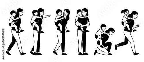 Εκτύπωση καμβά Mother giving piggyback ride to child, set of varied poses, happy parent and kid playing, line art illustration of family bond, flat minimalist vector character design for education and parenting