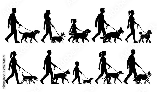 Foto People walking dogs silhouette vector set with pet owners and leash walking pose