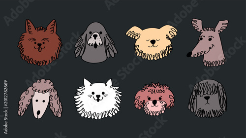 Cute animal pets faces with different emotions in comic cartoon style. Dogs characters in doodle groovy style. Bright set of zoo avatars icons for decor and design. Vector flat stickers and emoji.