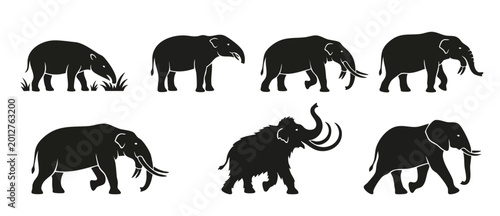 Canvastavla Elephant Mammoth Silhouette Set, Ancient Prehistoric Animal Icons, Isolated Blac