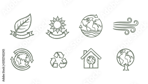 Photos Eco-Friendly Icons: A collection of meticulously designed icons representing environmental conservation, sustainability, and the harmonious coexistence of humanity and nature