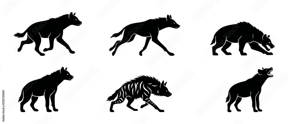 Obraz premium Hyena Silhouette Set Vector Collection, African Wild Animal Running and Standing Poses, Aggressive Predator Stance, Minimalist Black Graphic Design Icons Isolated on White Background for Wildlife Bran