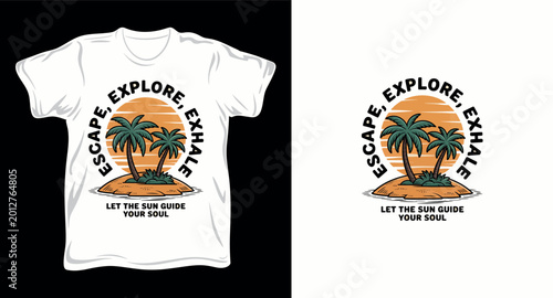 Escape explore exhale retro t-shirt design with palm trees and sunset on tropical island beach.