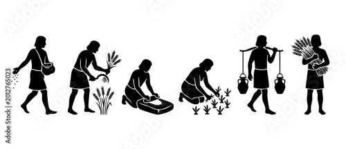 Fotografía Ancient Farming Sequence Silhouette Set, Agricultural Development Stages from So