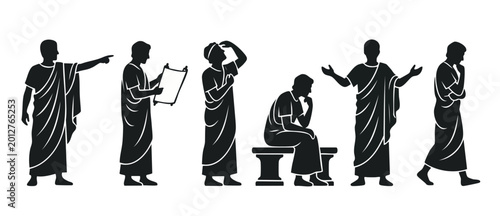 Foto Roman philosopher silhouette icons set, ancient Greek people in togas posing, hi