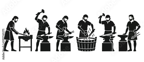 Bild auf Leinwand Blacksmith working iron process set, forging sword and horseshoe on anvil with hammer and fire