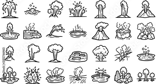 Photos Nature  Geology Black and White Line Art Icons: Geysers, Hot Springs, and Volcan