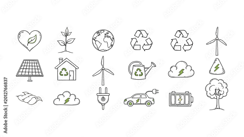 Fototapeta premium Eco-Conscious Icons: A collection of meticulously drawn environmental icons.