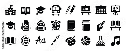 Bild auf Leinwand School icon set with education and academic subject symbols vector illustration for learning teaching and classroom concept design