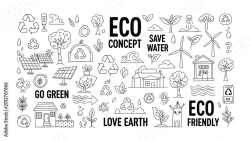 Tableau sur toile Eco-Friendly Concept: A comprehensive outline featuring eco-friendly concepts, highlighting elements such as recycling, renewable energy, and environmental sustainability