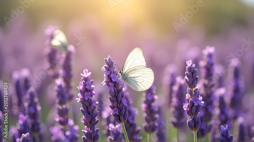 white butterflies perched on lavender flowers in the field