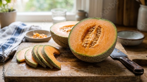 Fresh cantaloupe melon halved and sliced on a rustic wooden cutting board in a sunlit kitchen.