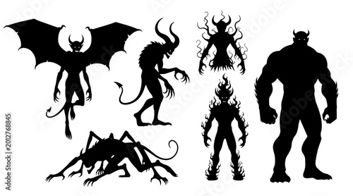 Tableau sur toile Set of 6 Halloween Demon Silhouettes with Various Mythical Creature Designs on W