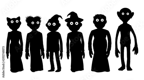 Bilde på lerret Diverse group of six cartoon silhouette monsters with googly eyes on white backg