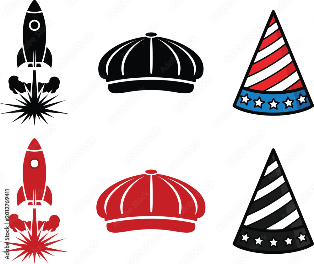 Fototapeta premium Independence day celebration icons with patriotic hats and rockets