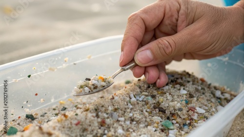 A hand holding a spoon scooping a mixture of small, colorful plastic fragments and debris from a container, illustrating microplastic pollution.