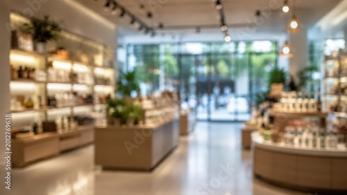 Blurred retail store interior shop boutique pharmacy cosmetic display shelves showcase bright commercial space background
