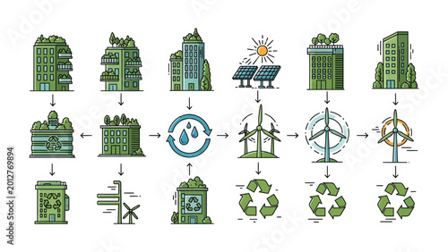 Canvastavla Sustainable City: An illustrative overview of a eco-friendly cityscape, with interconnected concepts like renewable energy and waste recycling, reflecting a vision for harmonious urban development