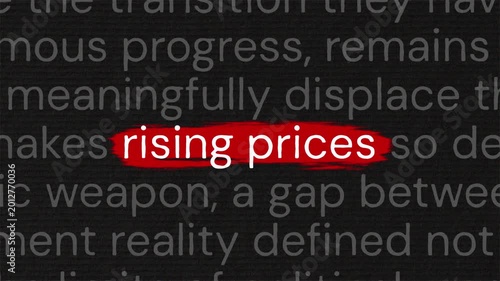 Rising prices in highlighted words in a articles paragraph with documentary style text animation for news and reporting