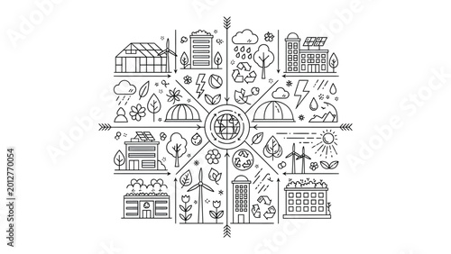 Foto Eco-Friendly Illustration: A detailed illustration showcasing sustainable practices and environmentally conscious design, including renewable energy, green buildings, and eco-friendly technologies