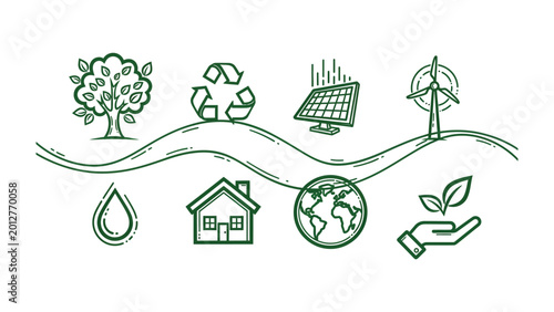 Foto Eco-Friendly World: A hand-drawn illustration of environmental icons, depicting a harmonious blend of nature and sustainability, symbolizes a commitment to a greener future