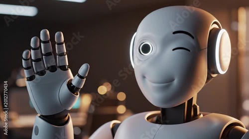 Virtual Help Desk AI Avatar Smiling Winking And Waving Hello Modern Office Background Copyspace Video Loop