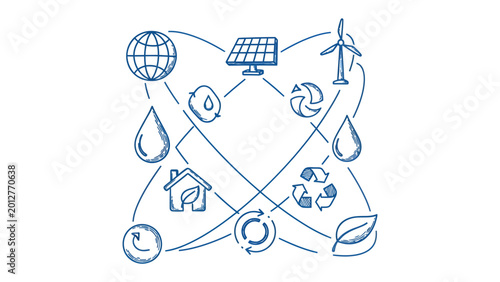 Photos Sustainable Network: A hand-drawn network of eco-friendly elements interconnected, highlighting the harmony of renewable resources for a greener future