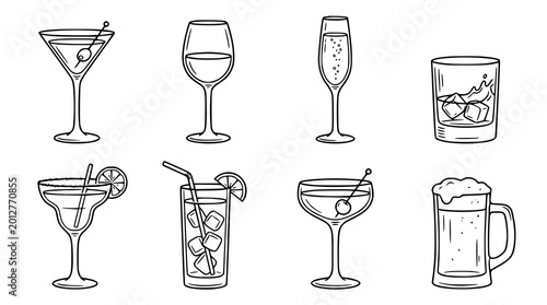 Obraz na płótnie Cocktail glasses and drinkware set vector illustration with transparent backgrou