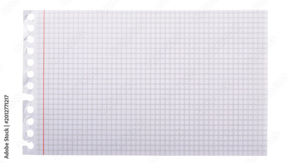 Φωτογραφία Torn graph paper sheet with red margin line and punched holes, isolated on trans