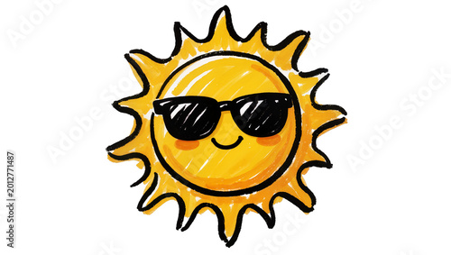 Cute cartoon sun wearing black sunglasses, isolated on transparent background