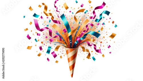Фотография Party popper exploding with colorful ribbons and confetti, isolated on transpare
