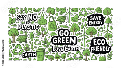 Foto Green Eco-Friendly Doodle: A vibrant green doodle design showcases various eco-friendly elements, promoting sustainability, environmental awareness, and a greener lifestyle