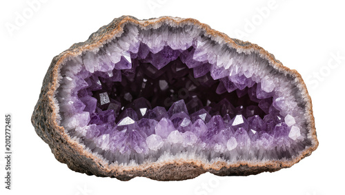 Rough amethyst geode with sparkling purple crystals, isolated on transparent background