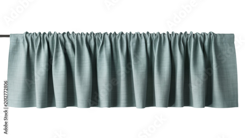Light blue textured fabric valance with gathered pleats, isolated on transparent background