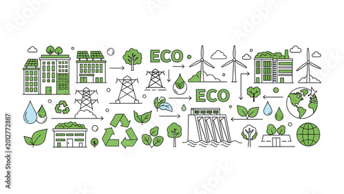 Cuadro en lienzo Eco-Friendly Blueprint: An illustrative depiction showcases a holistic approach to sustainability, weaving together elements of renewable energy and environmental preservation