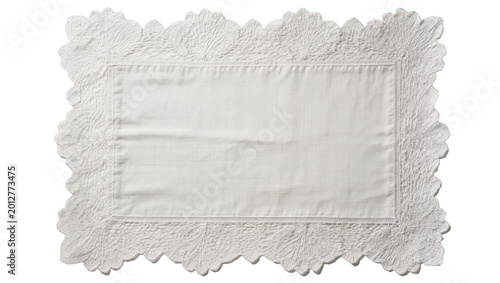 Tableau sur toile White embroidered linen placemat with decorative lace trim, isolated on transpar