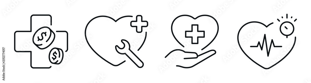 Obraz premium Heart and medical icons indicating care and monitoring strip. Editable stroke