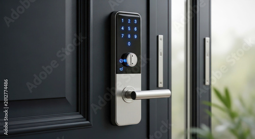 Smart electronic door lock with keypad and handle mounted on a modern black door, showcasing advanced security technology and sleek design