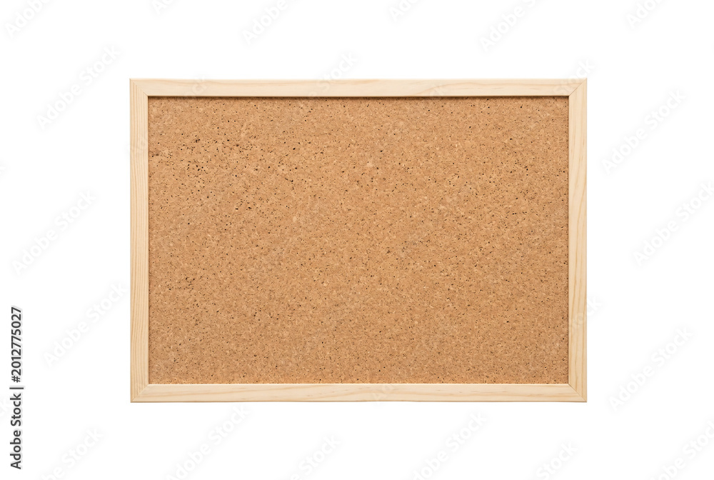 Fototapeta premium Empty cork bulletin board with light natural wooden frame. Clean blank surface for pinning notes, reminders and creative displays.