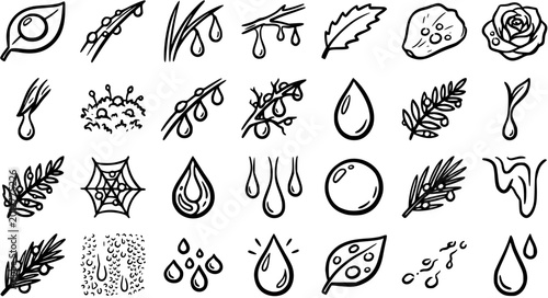 Foto Black and White Line Art Icons of Water Drops, Leaves, and Plants