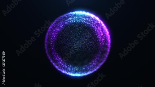 Glowing purple and blue particle sphere on dark background with futuristic energy effect. Abstract sci-fi visual for technology and motion graphics projects.