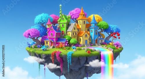 Magical floating island with colorful fantasy castle and rainbow waterfall.