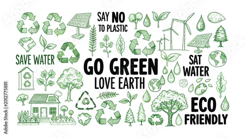 Φωτογραφία Eco-Friendly Elements: Hand-drawn doodles showcase a range of eco-friendly elements