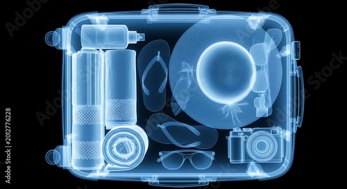 X-ray view of a suitcase revealing travel essentials, including camera, sunglasses, and sunscreen.
