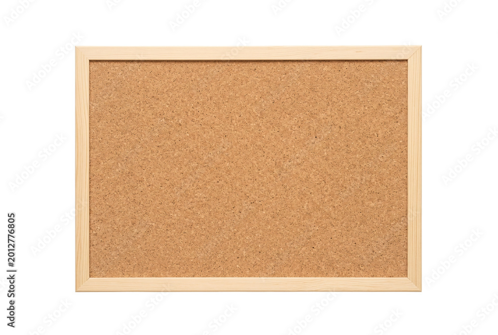 Fototapeta premium Empty clean cork bulletin board with natural light pine wooden frame. Smooth blank surface ready for notes and pinning. Office supply.