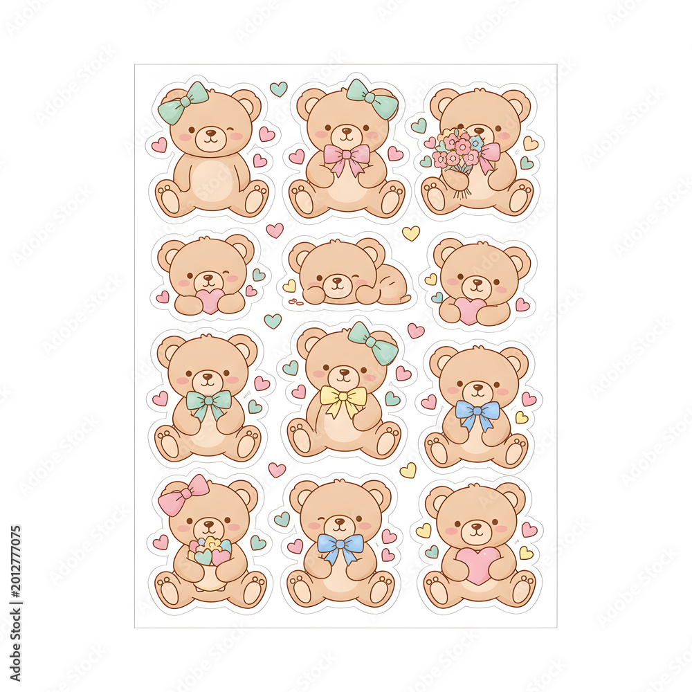 Fototapeta premium Collection of bear stickers with various colors and poses showcasing different activities and expressions on a white background