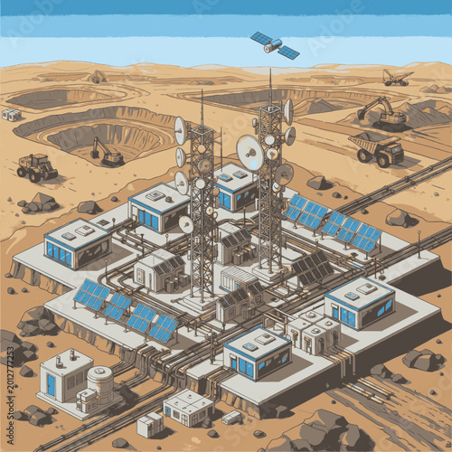 Fotografi Modern communication and energy infrastructure in a mining operation with satellite uplink