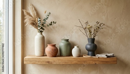 Decorative ceramic and clay vases with dried plants on a rustic wooden shelf